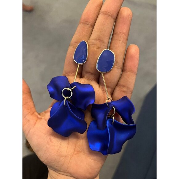 Royal blue earrings blue petal earrings blue flower long large earrings wedding - Picture 7 of 7